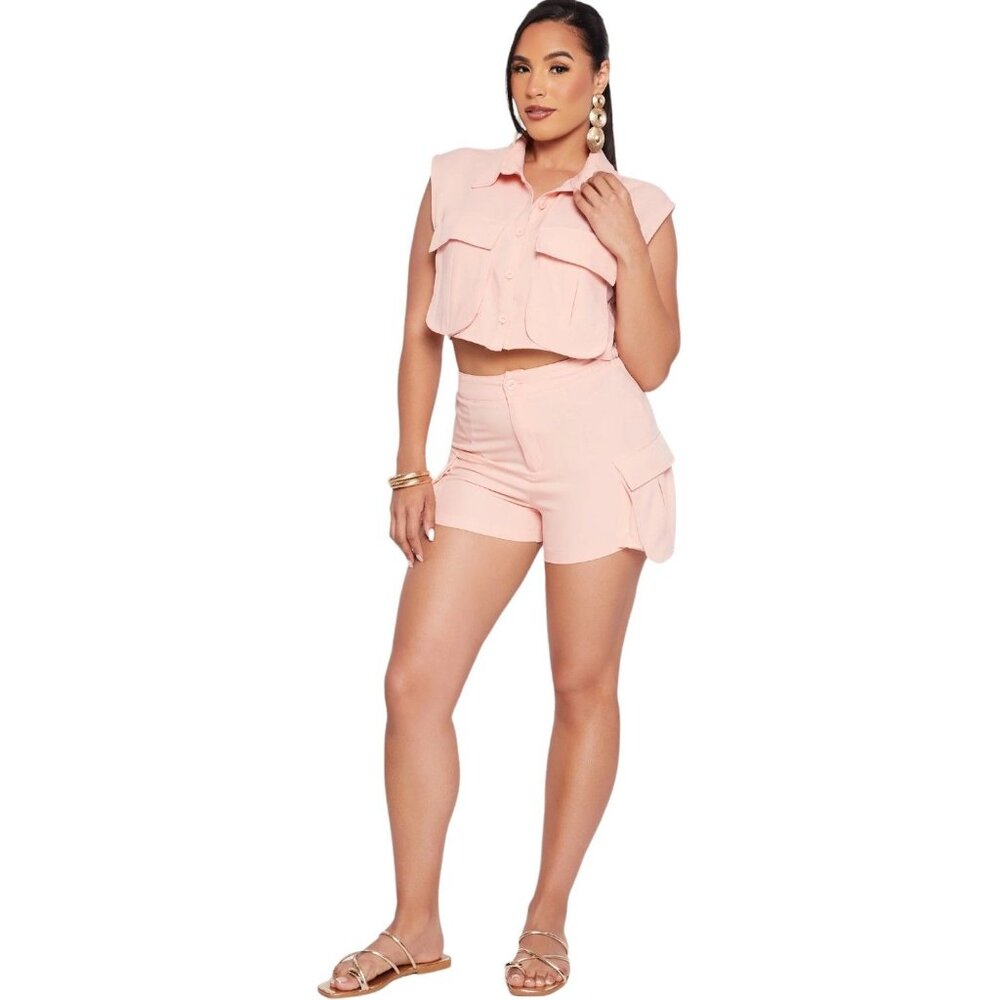 Julia by Love J Crepe Knit Cargo Shirt and Shorts Set in Coral - Size‎ Medium